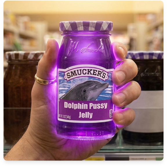 Hand holding Dolphin Pussy Jelly jar